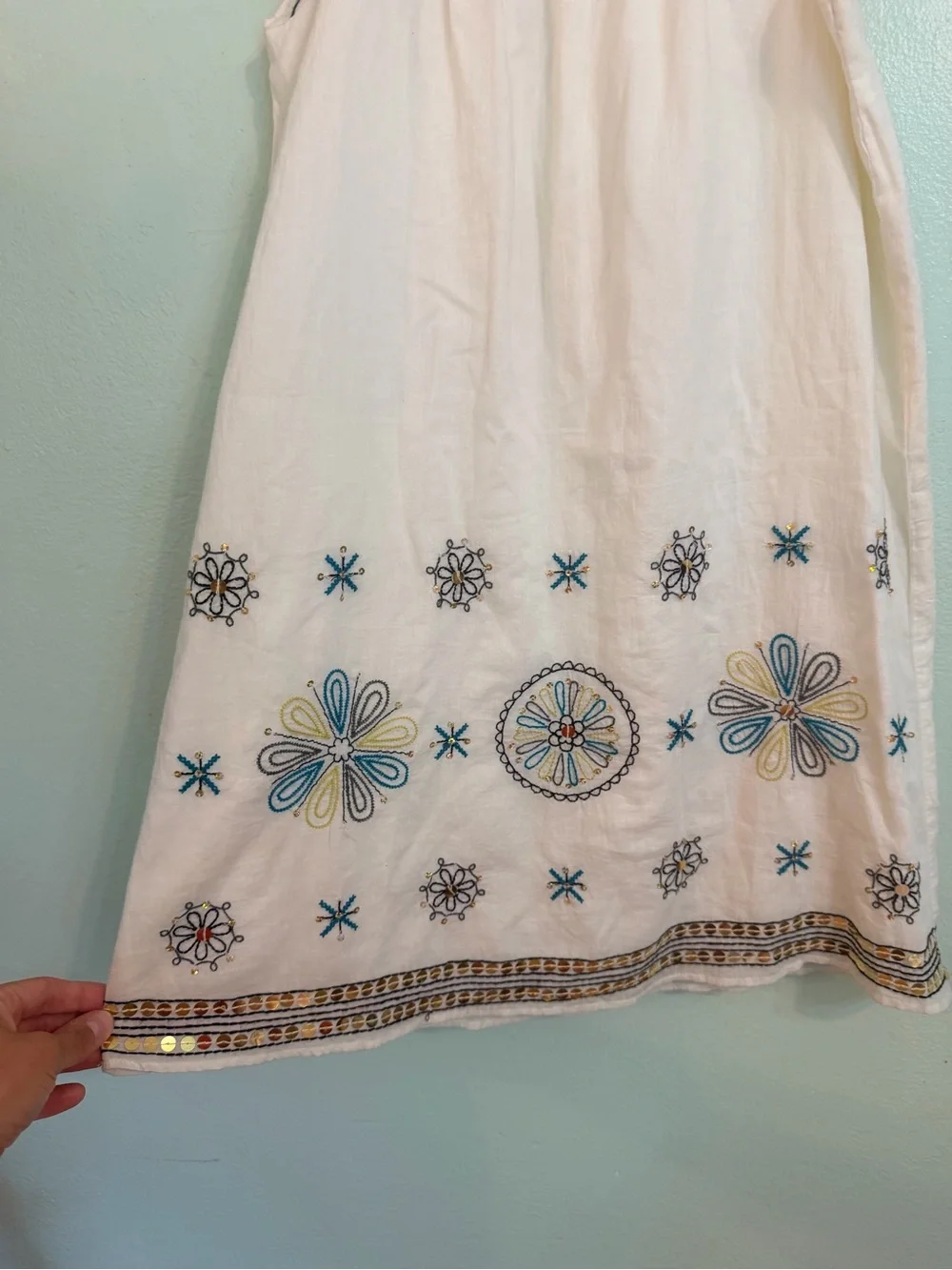 Old Navy White Embroidered Floral Sundress with Metallic Trim